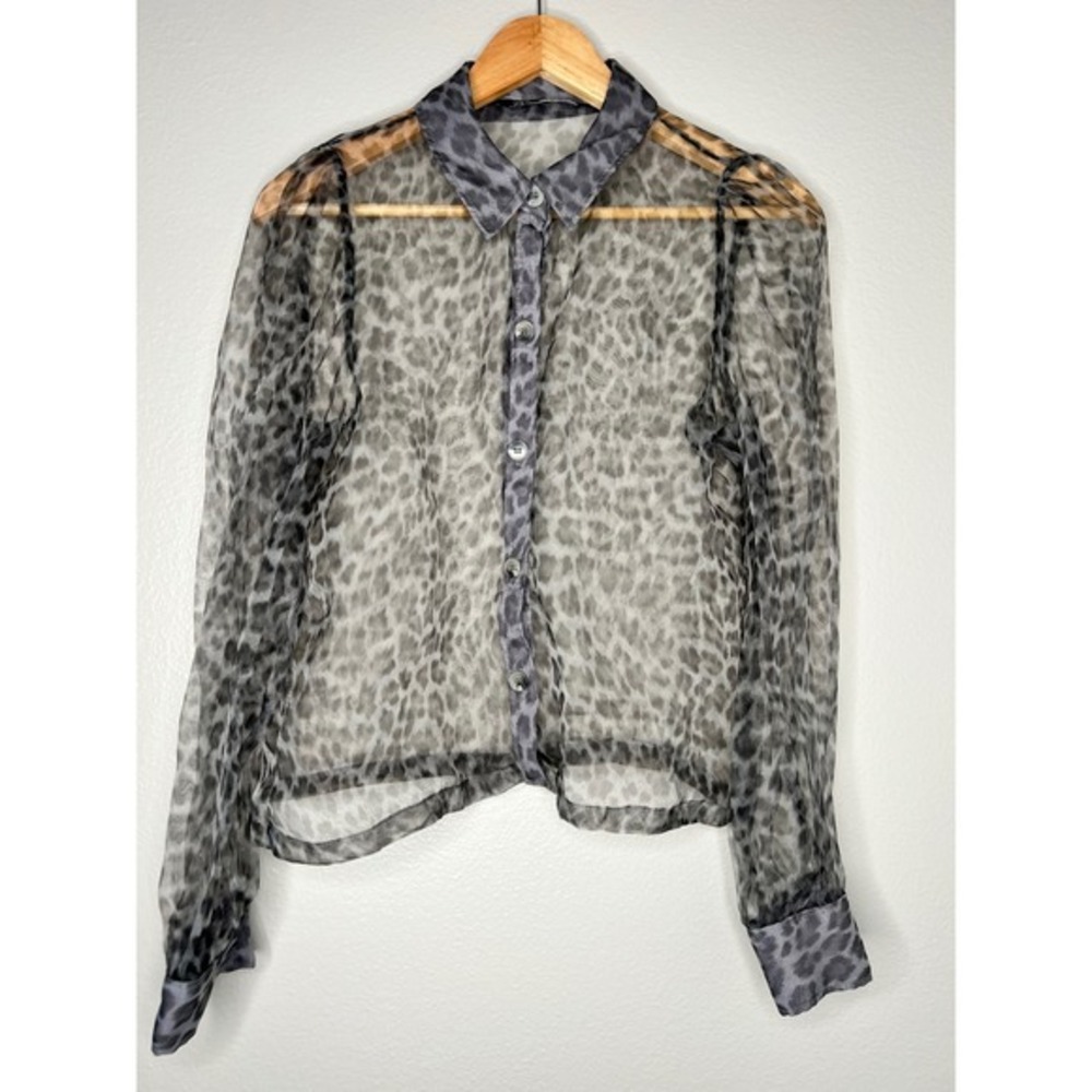 ZARA Sheer Leopard Print Button Up Shirt Puff Sleeve Blouse Top M